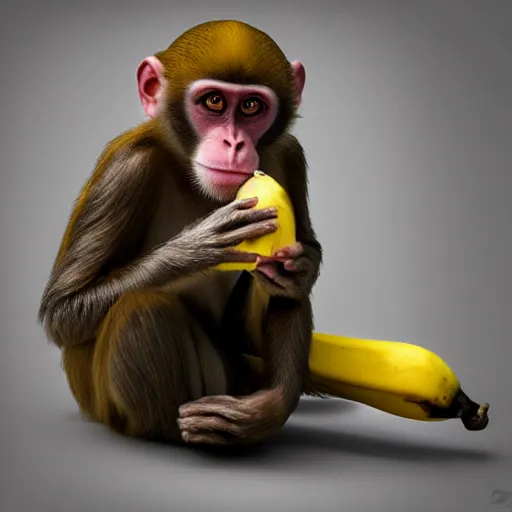 Image similar to monkey eating banana, higly detailed, 8 k, photorealistic, art concept, artstation, sharp focus