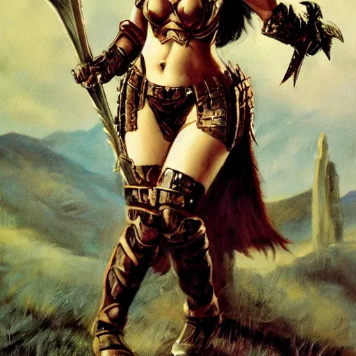 Image similar to portrait of kat dennings wearing armor and holding sword by frank fazetta, fantasy, barbarian
