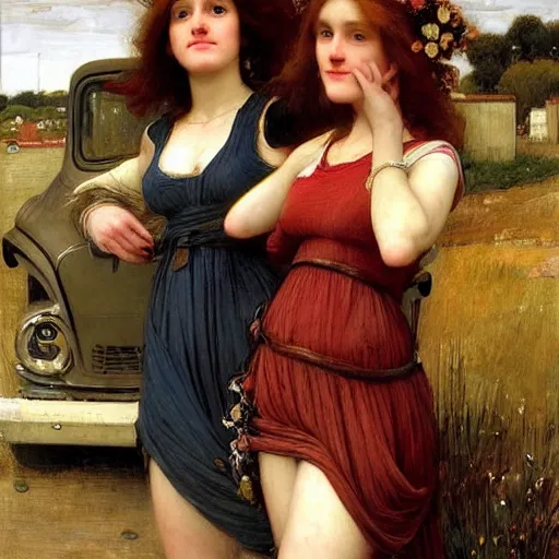 Prompt: two very very very beautiful women standing in front of a truck, smiling, flirty, perfect face, perfect body, digital art by john william waterhouse