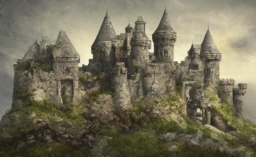 Image similar to a abandoned castle on the edge of a high cliff, 8 k, shallow depth of field, intricate detail, concept art,