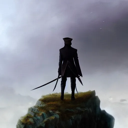 Prompt: dark-skinned man standing tall on a cliff fog clouds clothed in military uniform holding sword in the style of CASPAR DAVID FRIEDRICH atmosphere artstation deviantart acrylic