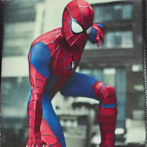 Image similar to a single iron man and spider - man hybrid, dslr, polaroid