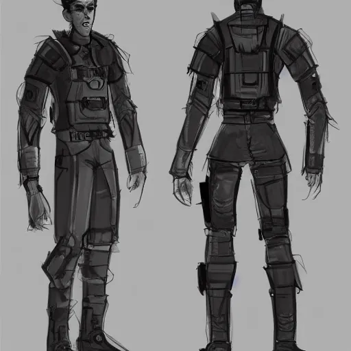 Prompt: ryan church concept art sketch cyberpunk solider black cloth character reference sheet