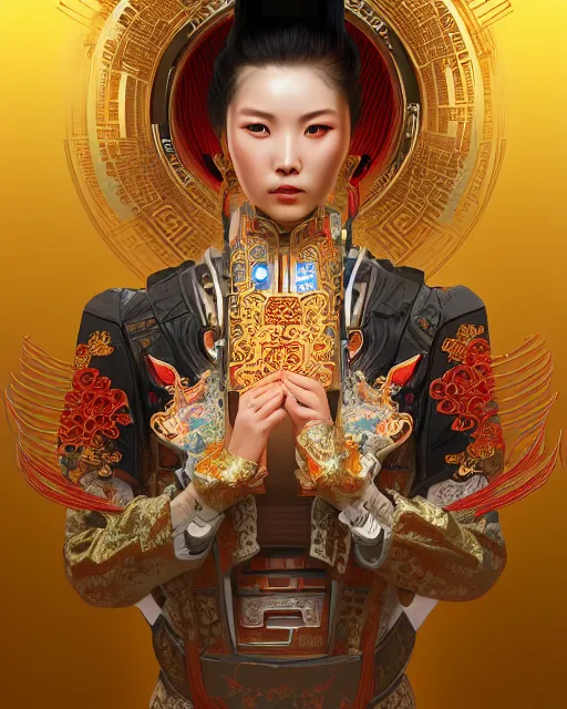 Image similar to portrait of a chinese cyberpunk machine, machine face, robed, upper half portrait, decorated with chinese opera motifs regal royal fierce machine robot cyberpunk fine china, wuxia, traditional chinese art intricate intense elegant highly detailed digital painting artstation concept art smooth sharp focus illustration, art by artgerm and greg rutkowski alphonse mucha 8 k