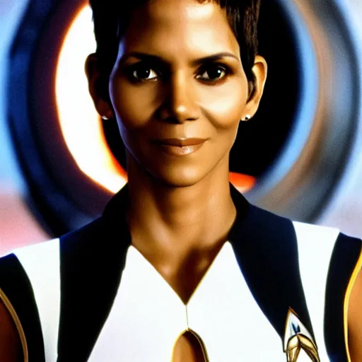 Image similar to a beautiful full body photograph of halle berry as a star fleet officer from star trek next generation, symmetrical face, extreme realism and detail, 8 k, completely framed, direct lighting, 3 5 mm photo, photorealistic, sharp focus