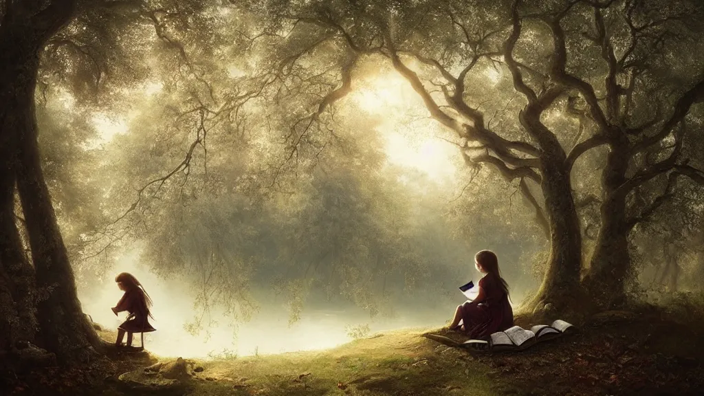 Image similar to girl reads a book in a tree, far away, in the magical forest. andreas achenbach, artgerm, mikko lagerstedt, zack snyder, tokujin yoshioka