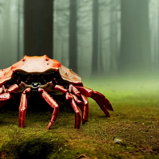 Prompt: eldritch crab being emerging from the ground in a hauntend forest, foggy mysterious, creepy, cinematic, dramatic, 8k, horror, highly detailed, sharp focus, dynamic lighting, photograph, texture