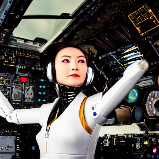 Prompt: hd photo of robot fighter pilot as elegant electric girl with no skin and many shiny mechanical parts and patterns piloting. scene = in a fighter jet cockpit. wide angle. background : air combat