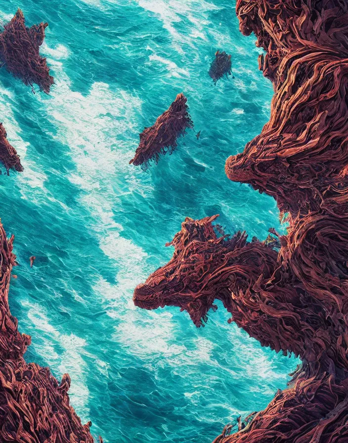 Image similar to long dragon wrapped around a land formation overseeing a vast ocean, intricate abstract. delicate artwork. by Tooth Wu, wlop, beeple, dan mumford. octane render, trending on artstation, greg rutkowski very coherent symmetrical artwork. cinematic, hyper realism, high detail, octane render, 8k, depth of field, bokeh. chrome accents.