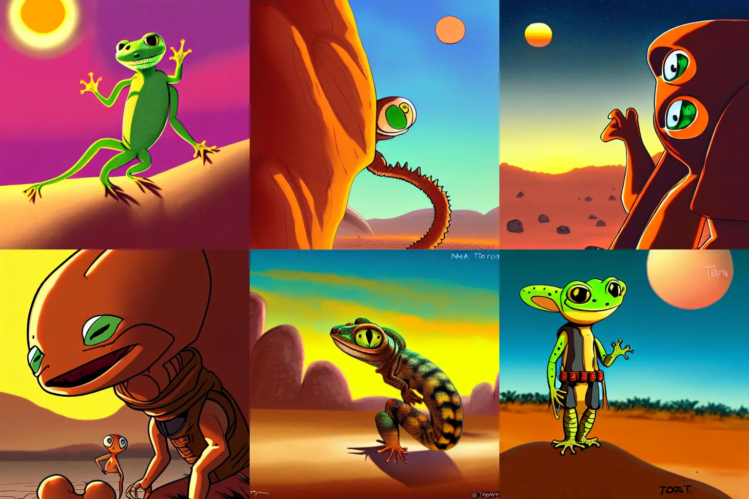 Prompt: anthro gecko, cartoon, large friendly eyes, wearing desert poncho, concept art, character illustration, sunset, deserted planet, art by akira toriyama