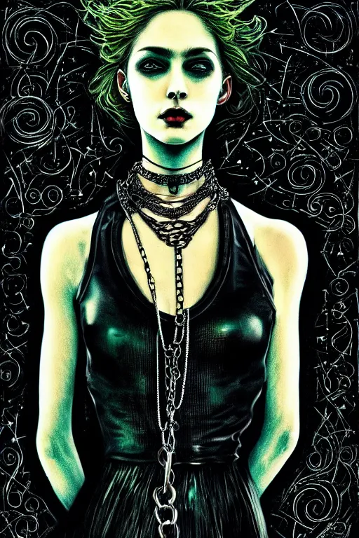 Image similar to dreamy gothic girl, black leather slim clothes, chains, colorful rings, beautiful body, detailed acrylic, grunge, intricate complexity, by dan mumford and by alberto giacometti, peter lindbergh