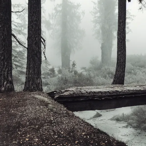 Image similar to photography of an old bridge over a dried river next to a haunted dark foggy forest with pine trees and mist, where monsters peer out waiting to pounce,