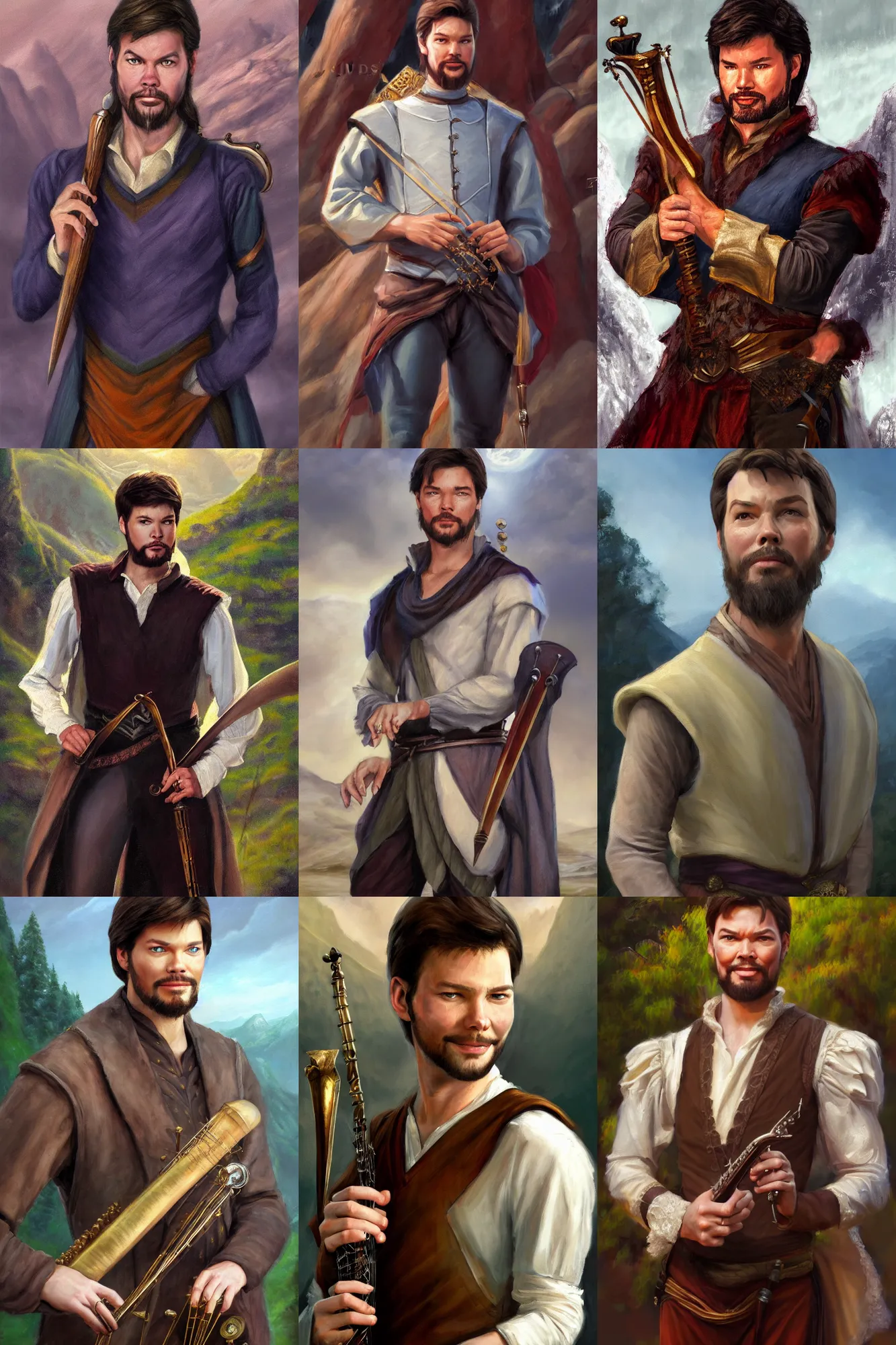 Prompt: a full body high detail fantasy portrait oil painting illustration of young jonathan frakes as an elegant male bard by justin sweet with face and body clearly visible, in a scenic background, striking eyes, realistic proportions, d & d, rpg, forgotten realms, artstation trending, high quality, sombre mood, artstation trending, muted colours, entire person visible!