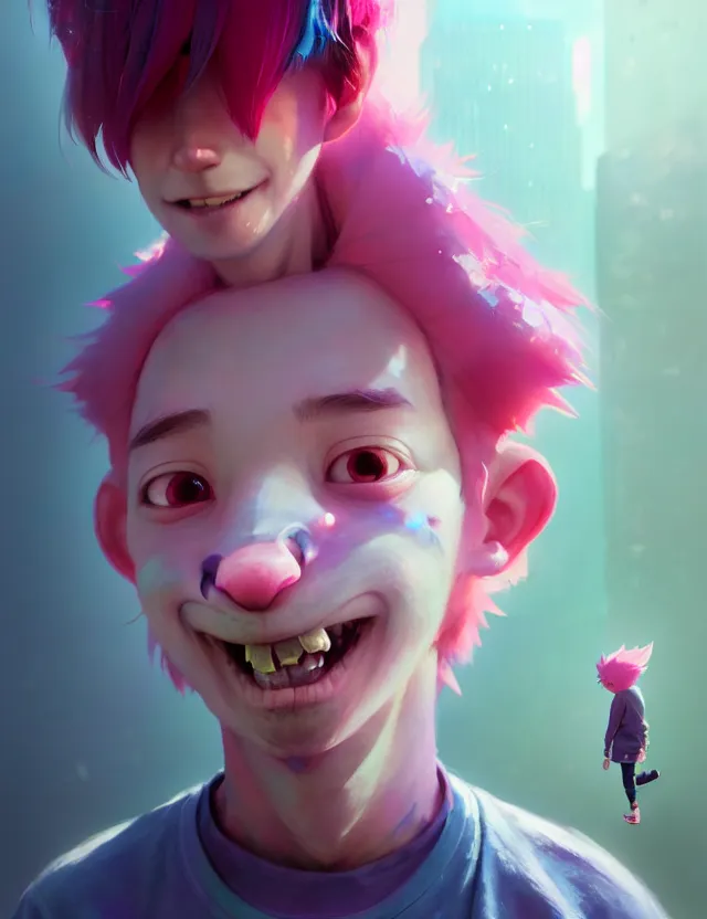 Image similar to a beautiful portrait of a cute boy with pink hair wearing tshirt and leggings under shorts in a city. character design by cory loftis, fenghua zhong, ryohei hase, ismail inceoglu and ruan jia. artstation, volumetric light, detailed, photorealistic, fantasy, rendered in octane