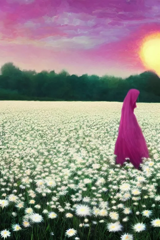 Image similar to giant white daisy flower on head, veiled girl walking in a flower field, surreal photography, sunrise, dramatic light, impressionist painting, colorful clouds, digital painting, artstation, simon stalenhag