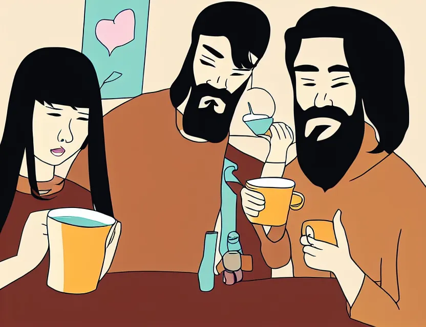 Prompt: asian with a beard treats a guy with long black hair with a cup of tea by kezie demessance