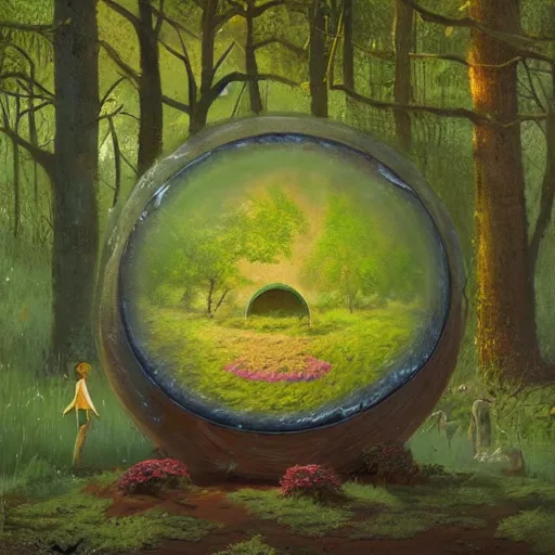 Image similar to a portal in a mysterious garden filled with spherical plants, artwork by Scott Listfield, trending on art station