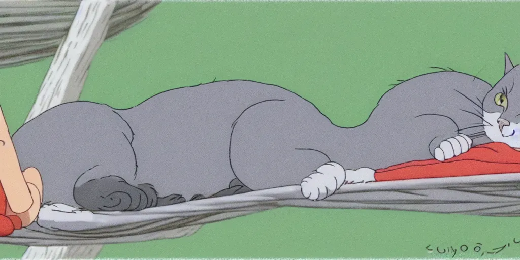 Image similar to grey european shorthair cat sleeping on a hammock, anime still by studio ghibli, by hayao miyazaki