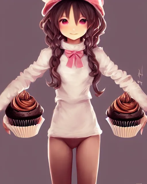 Image similar to personification of chocolate cupcake, cute hats, unreal engine, highly detailed, digital illustration by artgerm, tooth wu, studio ghibli, deviantart, sharp focus, artstation, bakery by greg rutkowsky, sweets, dog