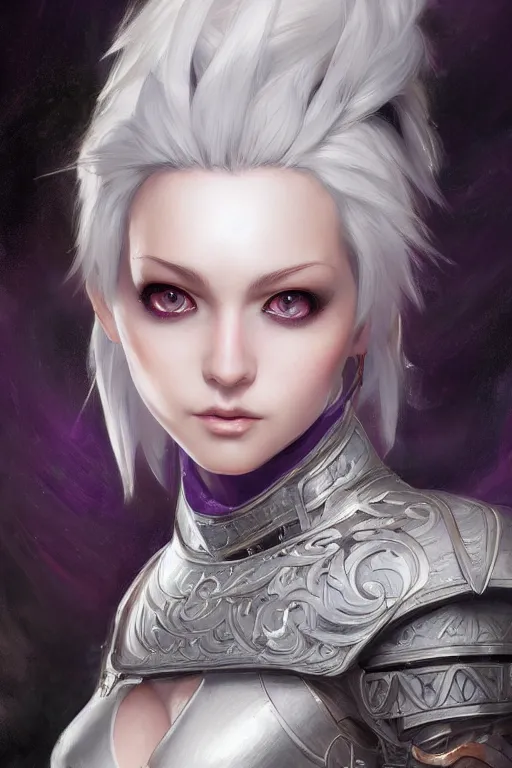 Image similar to A realistic anime portrait of a short white haired female rogue wearing an intricate medium armor, middle eastern, purple eyes, digital painting, by Stanley Artgerm Lau, Sakimichan, WLOP and Rossdraws, digtial painting, trending on ArtStation, SFW version