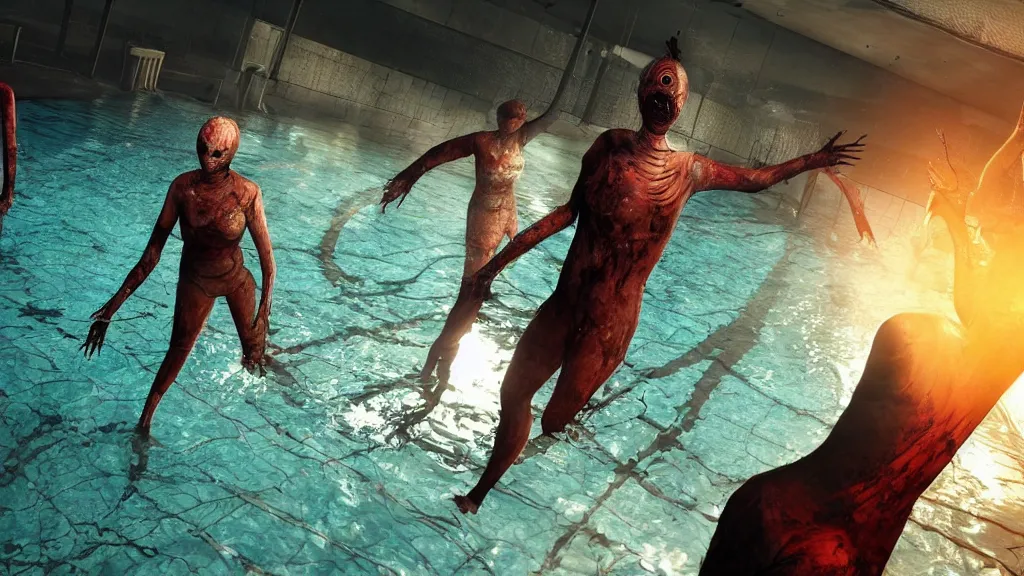 Prompt: Screenshot from Dead By Daylight at an indoor swimming pool