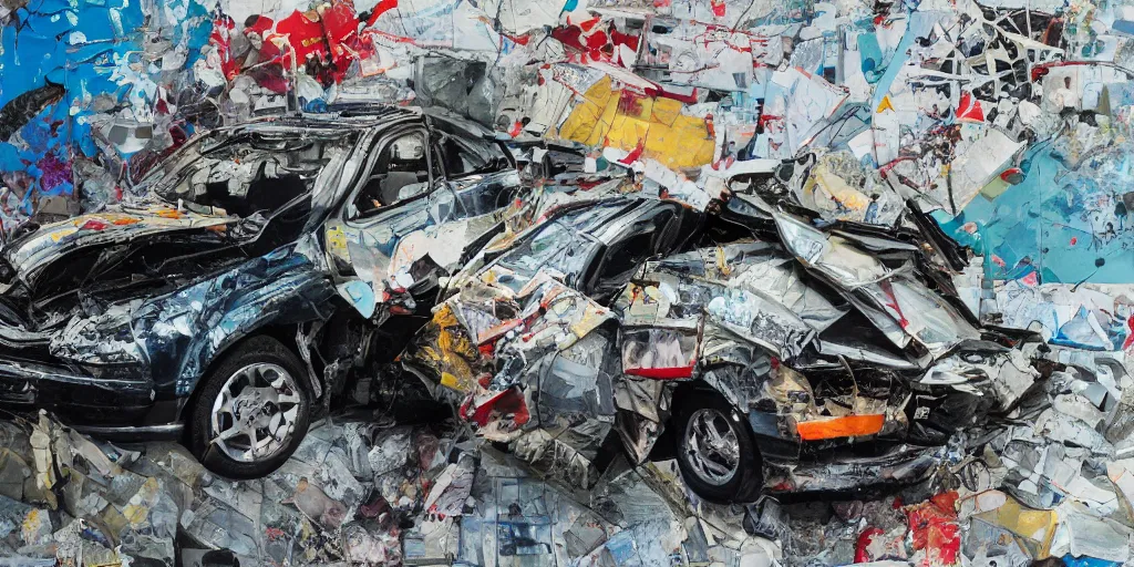 Image similar to car crash test, collage paper and tape, acrylic on canvas, hyperrealism mixed with expressionism, high resolution, cinematic, unreal 6 breathtaking detailed, by blake neubert