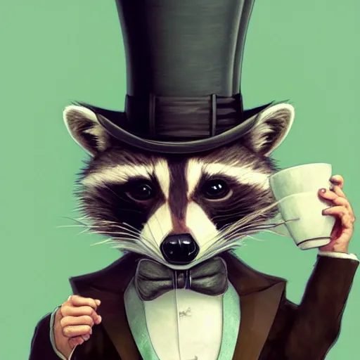 Prompt: a raccoon with a top hat holding a tea cup, intricate, highly detailed, digital painting, artstation, concept art, smooth, sharp focus, illustration, unreal engine 5, 8 k, art by artgerm and greg rutkowski and alphonse mucha