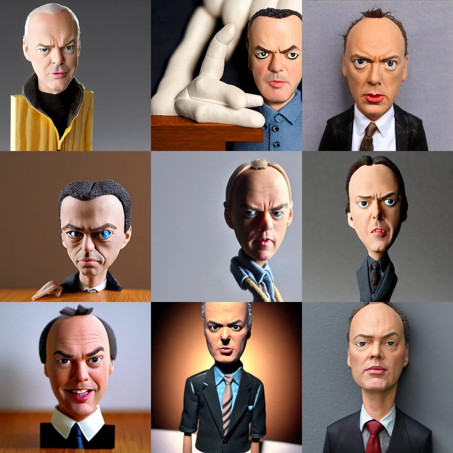 Prompt: michael keaton !!! very extremely realistic!!! extreme likeness!!! smooth specular clay! extremely close smooth specular sculpted headshot of michael keaton clay puppet , soft light, on wooden table. style: claymation puppet kids clay , by guldies