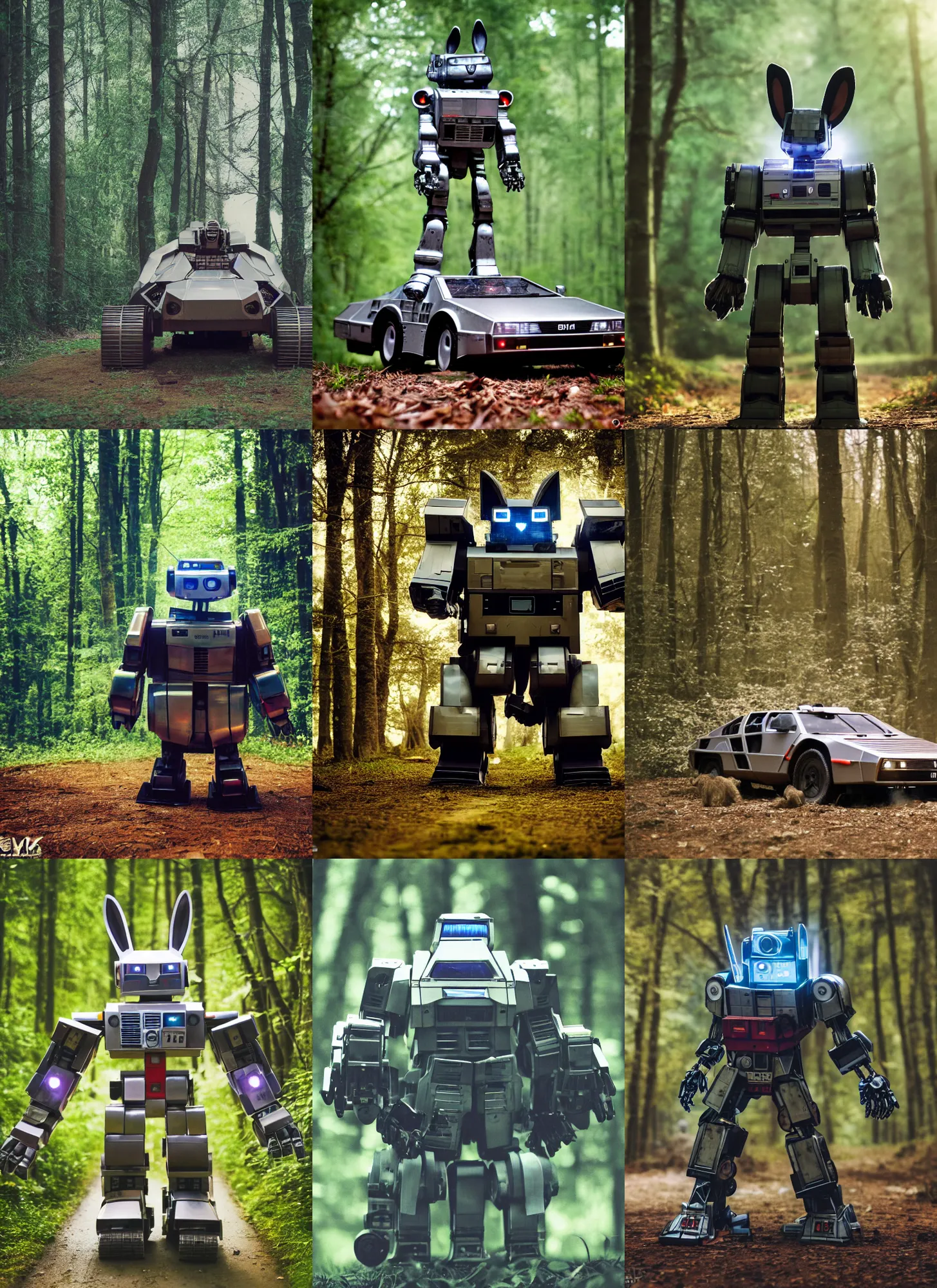 Prompt: a 3 5 mm photo from the front of a giant mecha armored war delorean robot as chubby cute rabbit gundam walking in the woods, splash art, movie still, bokeh, canon 5 0 mm, cinematic lighting, dramatic, film, photography, depth of field, award - winning, backlighting, overcast, 8 k, hyper detailed, 3 5 mm film grain