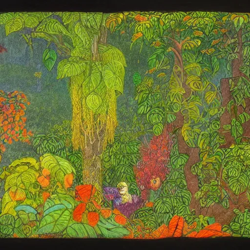 Image similar to jungle scene, leaves, vines, flowers, intricate details, volumetric lighting, vivid colors, panorama, Artwork by Elsa Beskow