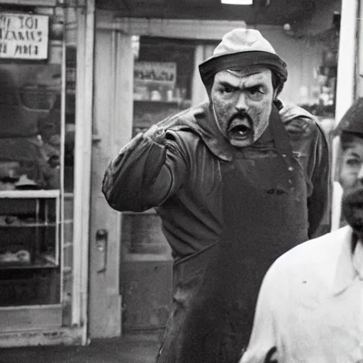 Prompt: big butcher man posing scarily and angrily, about to chase, earie setting, in a butcher shop, horror, hyperdetailed