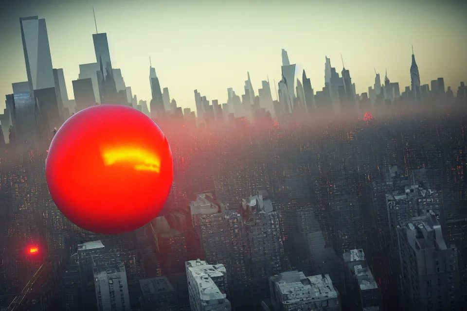 Prompt: Giant bowling ball crushing Manhattan skyline leaving path of destruction, dark, evening, spooky, eerie, sunset, magical, fantasy, enchanted, orange mist, dust, debris, disaster, hyper realistic, octane render, raytracing, trending on artstation, artstationHD, artstationHQ, unreal engine, 4k, 8k