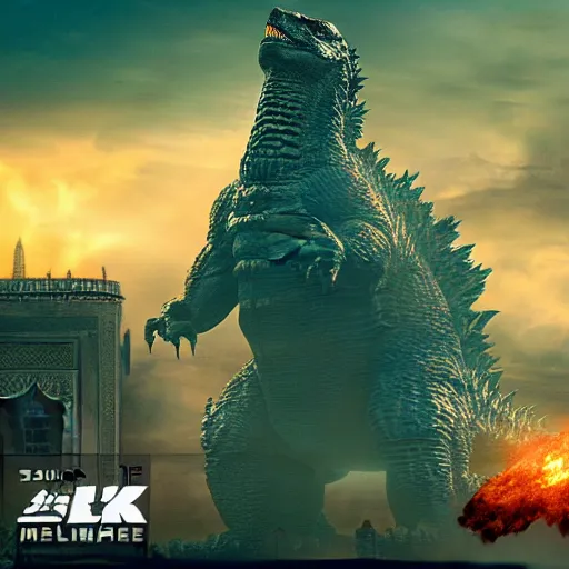 Image similar to godzilla near taj mahal, majestic, breathtaking, film still from godzilla 2 0 1 4, 8 k, unreal engine 5 rendering, hyper realistic, global illumination, radiant lighting, clear image, intricate environment