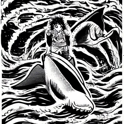 Image similar to Sharknado in the style of junji ito, horror, manga, shark, complex