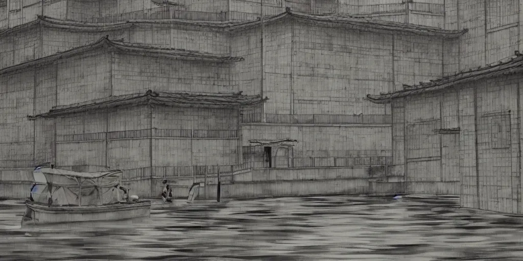 Prompt: a chinese prison by a river, in the style of junji ito, parts by edward hopper, parts by rodcenko, parts by yue minjun, parts by peter doig, intricate and epic composition, qing dynasty, 4 k, very detailed, insanely quality, line brush, highly detailed, masterpiece, overlaid with chinese adverts