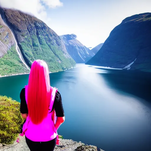 Image similar to a young woman with long pink hair looking at fjords, hiking clothes, tank top, backpack, norway, fjords in background, cinematic, beautiful, stunning, day time, epic, 8 k