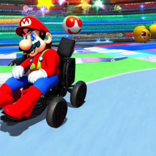 Image similar to stephen hawking in mario cart, in his wheelchair, gameplay footage