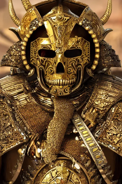 Prompt: Ancient Aztec warlord wearing Gold plated armor adorned with jewels in the shape of skulls, 8k octane rendered, photo realistic, highly detailed, intricate