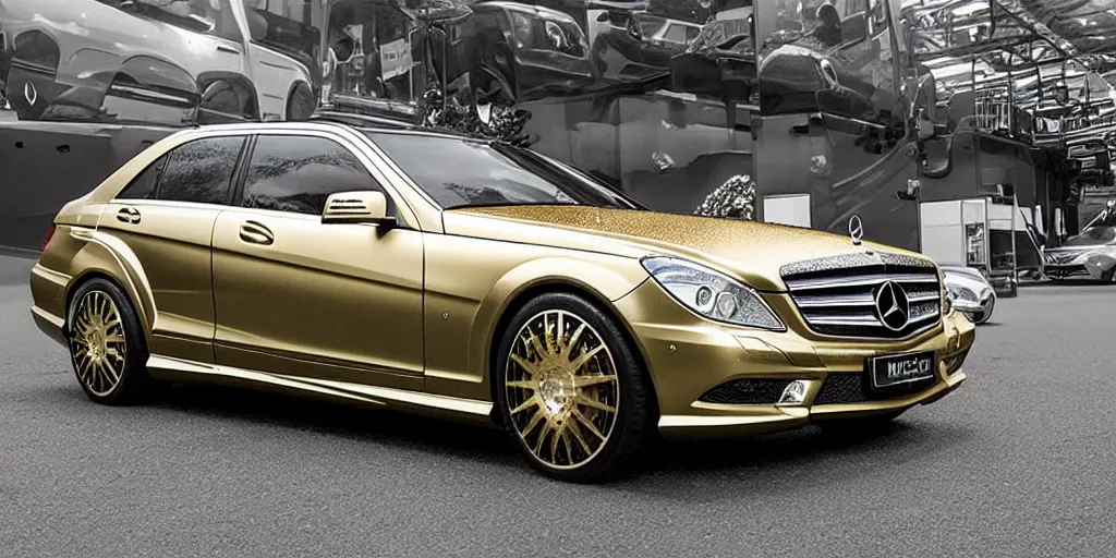 Prompt: a mercedes studded with diamonds, luxurius, premium, gold plated