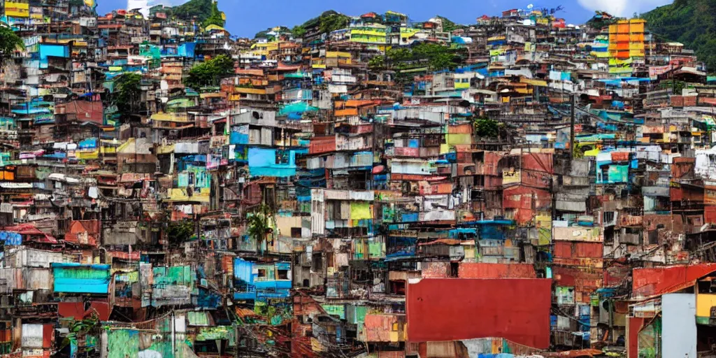 Image similar to photo of rio de janeiro favela being invaded by armed aliens, photorealistic, warm colors, tranquil, peace, happy rocinha