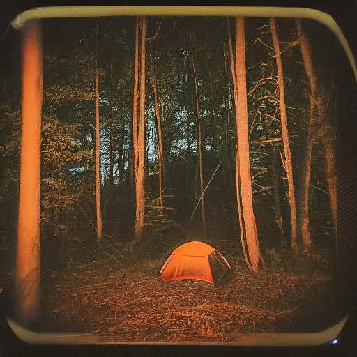 Prompt: night time picture of terrifying woodland creature, polaroid photos, tra camera photo, strange creatures hiding in the woods, people in a tent afraid, no sun, no dof