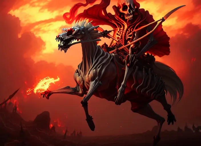 Image similar to ainz ooal gown leading the undead army to battle riding a flaming skeleton horse, highly detailed, deep focus, elegant, artstation, digital painting, smooth, sharp focus, illustration, ultra realistic, 8 k, art by artgerm and greg rutkowski and alphonse mucha