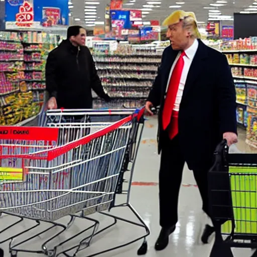 Prompt: photograph of zombie donald trump shopping at walmart in the bronx, movie still, 4 k