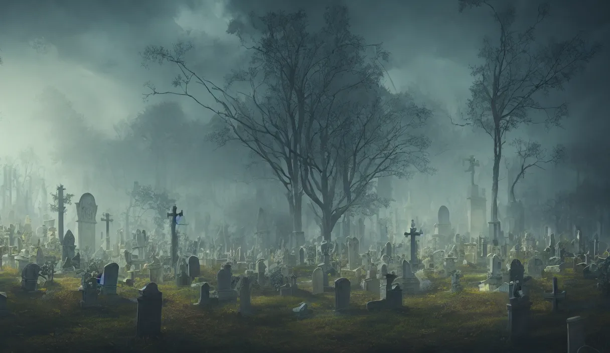 Image similar to a beautiful painting of a graveyard, cinematic angle, studio lighting, movie concept, trending on artstation, octane render, 8 k, ultra high detail