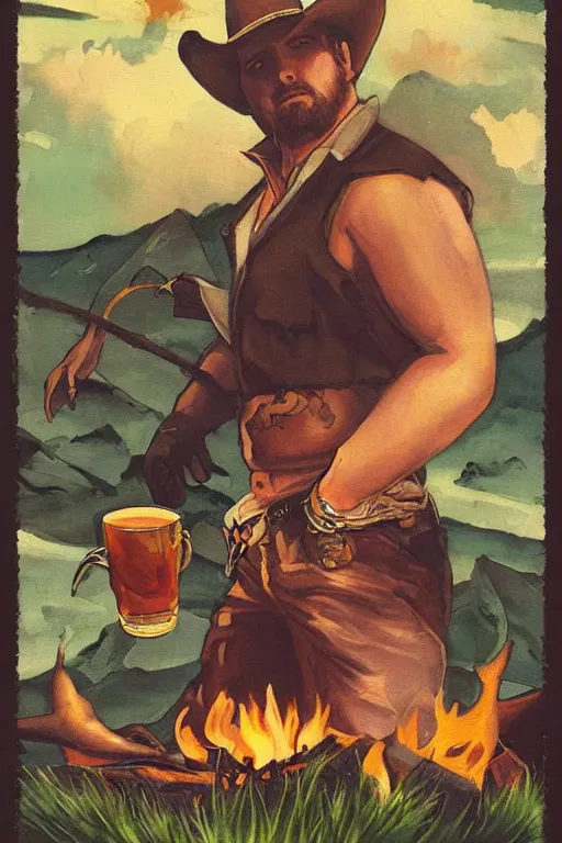 Prompt: a dramatic, ethereal painting of a handsome thicc mischievous cowboy with an open shirt sitting behind a campfire at night with food and jugs of whisky | tarot!! card, art deco, art nouveau | by Mark Maggiori | trending on artstation