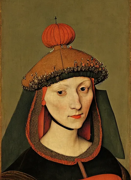 Image similar to portrait of young woman in renaissance dress and renaissance headdress, art by pieter bruegel the elder