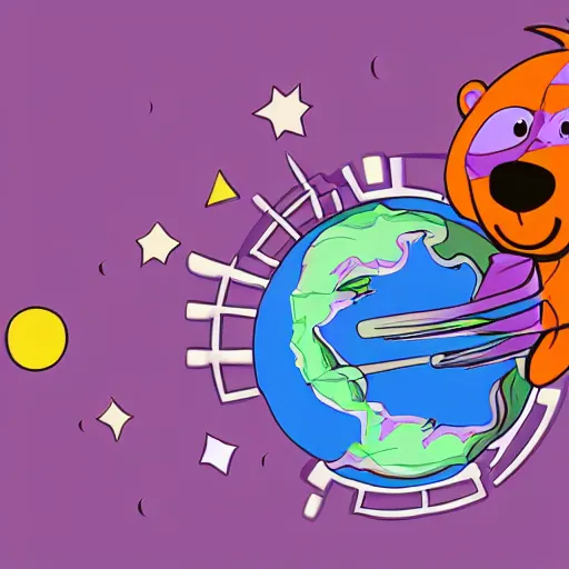 Image similar to cartoon illustration of a bear mascot being launched from a futuristic marble planet, purple and orange cloudland