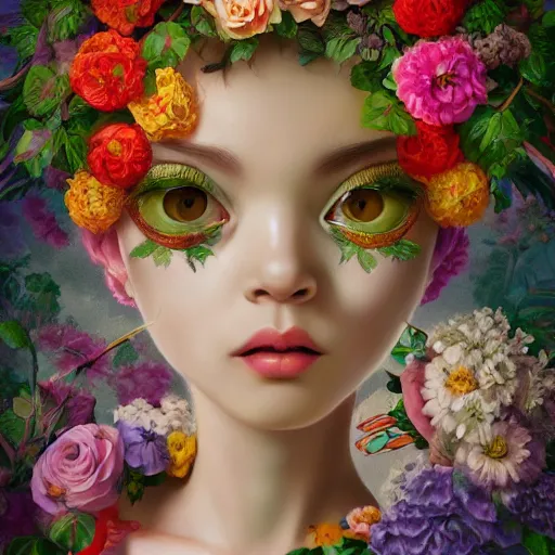 Prompt: flowers, bright colors highly detailed, ultra realistic digital painting, rococo, japonisme, artstation, concept art, pop, smooth, sharp focus, illustration, art by mark ryden 3 d 8 k ultra detailed