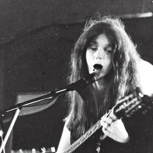 Prompt: 19-year-old girl, long shaggy red hair, playing electric guitar, stoner rock concert, live on stage, super 8mm, 1973