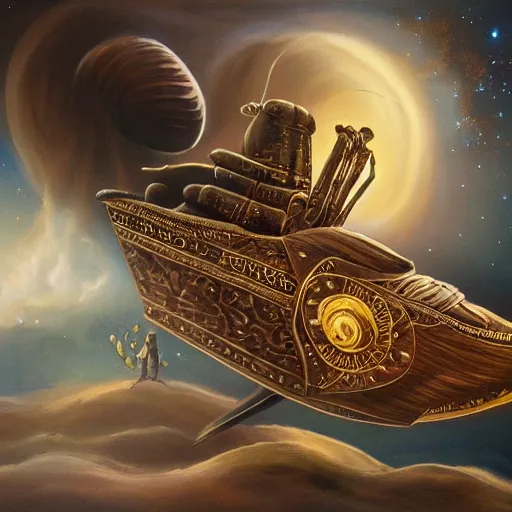 Prompt: painting of ornate space ship, dark brown, wood and black iron with gold accents, nebulae background, nautilus, shell, space jammers, fins, sails, dust clouds, dark shadows, soft lighting, art deco, d & d, dust, sun, 4 0 k warhammer, snail, shrimp, prawn, fine brush strokes